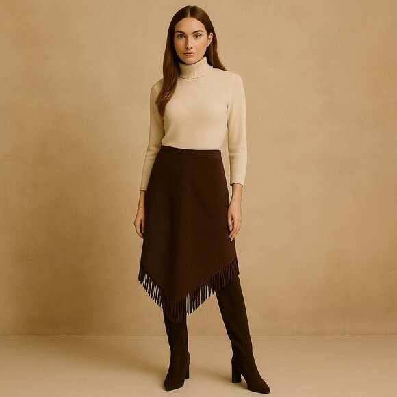 Peruvian Connection Baby Alpaca Wool Fringe Skirt in Chestnut Truffle Brown - Picture 9 of 9